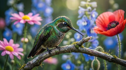 Vibrant hummingbird perched on branch surrounded by colorful flowers