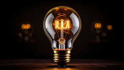 Close-up of a glowing incandescent lightbulb with intricate filament, on dark wood, dark background