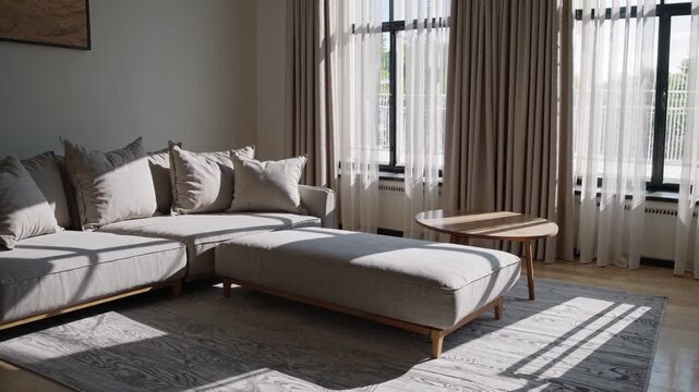 Bright Scandinavian lounge, Contemporary gray seating arrangement, Sunny modern living area with cozy decor, Stylish Scandinavianinspired room featuring comfortable sectional and cushions