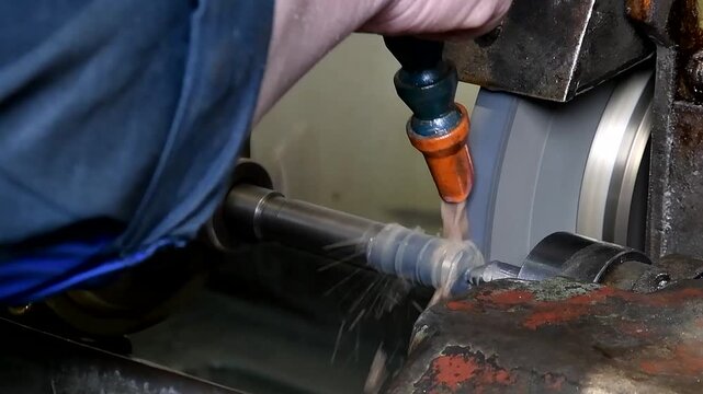 Grinding of a metal mold with emulsion cooling. Metal grinding and polishing machine. An automated belt grinding machine for iron, a tool for processing metal parts.