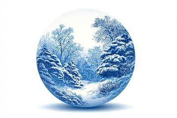 Winter landscape illustration featuring snow-covered trees and a serene pathway, capturing the beauty of a tranquil snowy scene in a circular design with a peaceful ambiance