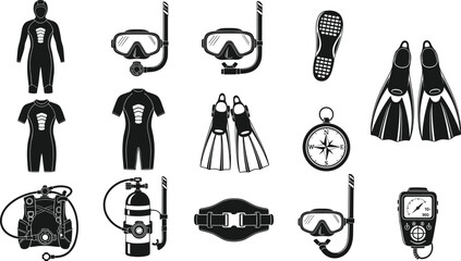 Diving, Scuba, Equipment, Gear, Snorkeling, Underwater, Ocean, Sea, Sport, Adventure, Silhouette, Icon, Vector, Black, Set, Collection, Safety, Isolated, Graphic, Design © Maisa
