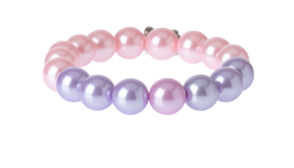 Close-up of a pastel beaded bracelet, with varying colors of pink and purple
