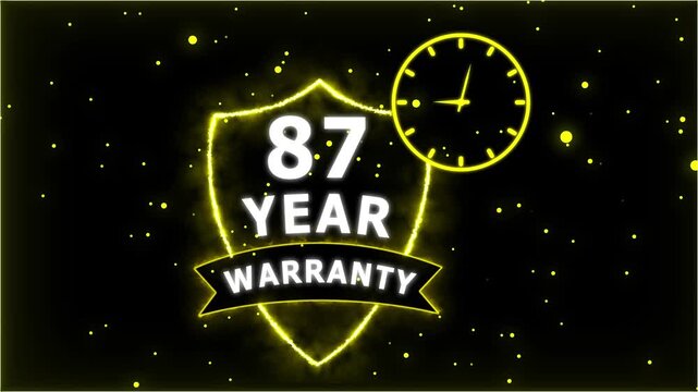 Neon Glowing Shield Badge with 87 Year Warranty Text and Clock Animation on black Futuristic Background.