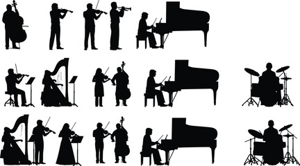 Musicians silhouettes set orchestra band instruments piano violin drums performance concert music vector illustration isolated white background © Hey There
