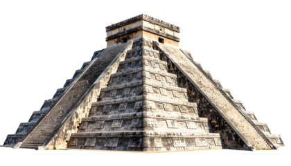 Ancient Mesoamerican stepped pyramid with central staircase, built of weathered stone