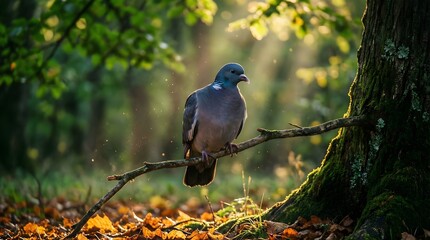 Pigeon perched on branch in serene forest with mossy tree trunk
