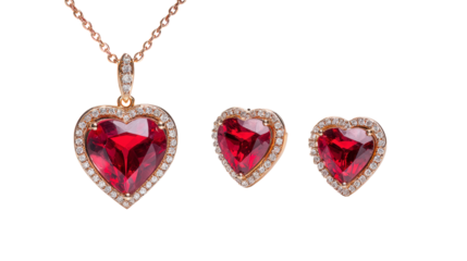 Elegant heart shaped ruby jewelry with diamonds necklace and earrings luxury romance love gift for woman valentines day transparent background