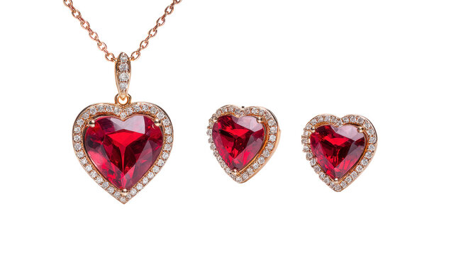 Elegant heart shaped ruby jewelry with diamonds necklace and earrings luxury romance love gift for woman valentines day transparent background