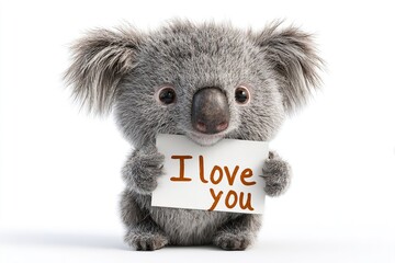 Cute koala character holding a sign that says I love you, showcasing adorable features and fluffy fur, perfect for expressing affection and warmth in illustrations
