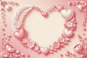 Delicate Valentine's Day Heart Wreath: Pink and white 3D hearts, feathers, and detailed flowers for February 14th.
