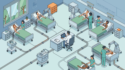 Fototapeta premium Isometric Healthcare AI Unit: Doctor Overseeing Robotic Surgery and Patient Care in Futuristic Hospital Ward with Advanced Technology