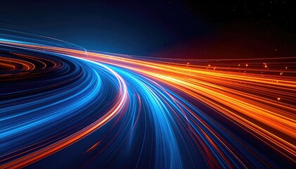 Abstract rendering showing flowing streaks of blue and orange light across a dark background