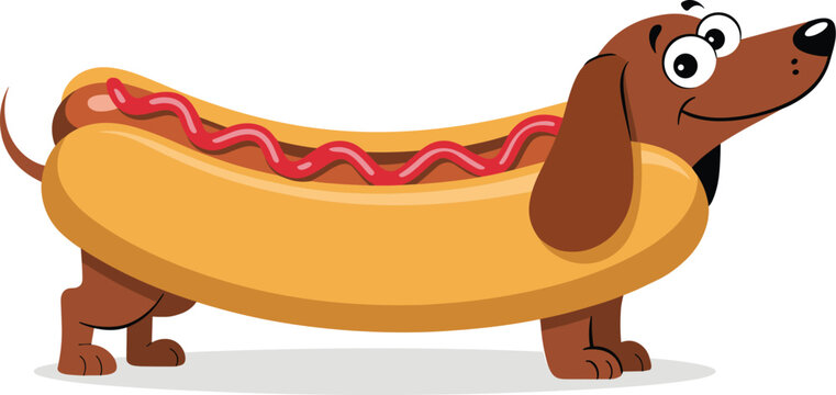 Funny cartoon dachshund dog dressed as hotdog with mustard illustration adorable pet wiener dog character design for kids party invitations greeting cards posters children's books playful animal food