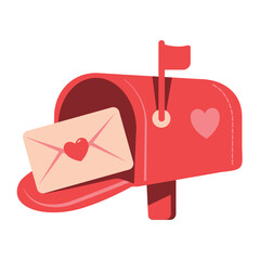Mailbox with love letter and heart. Post box mail box. Letter box, pedestal for sending, receiving letters, correspondence, newspapers, magazines, bills, envelopes, parcel. Cartoon flat style. Vector 
