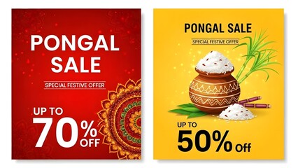 Pongal sale banners with festive offer and traditional pot illustration