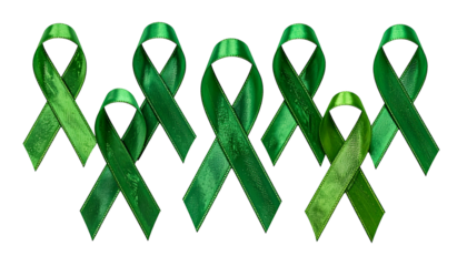 Seven glossy green ribbons arranged, evoking support and awareness, on a black background