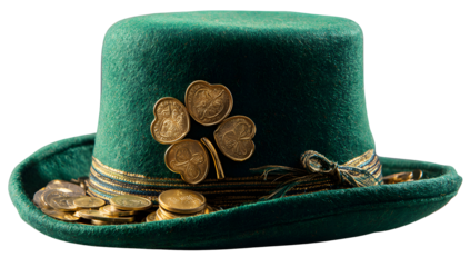 A regal green top hat adorned with golden coins and delicate details