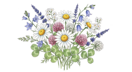 Watercolor illustration of a bouquet of wildflowers including daisies clover and lavender daisy