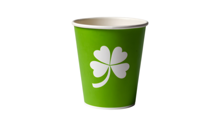 A bright green paper cup featuring a white four leaf clover design