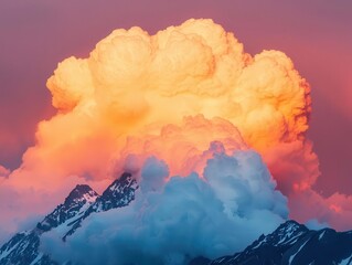 Massive storm cloud partially revealing glowing sunset on high peaks, powerful contrast