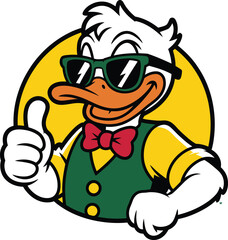 Cool cartoon duck wearing sunglasses and giving thumbs up