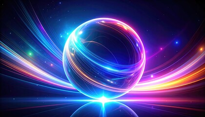 A vibrant, glowing sphere centered amid energetic streaks of light in shades of blue and pink