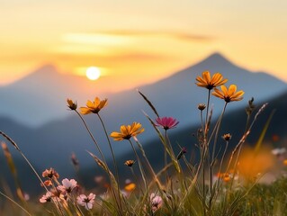Wildflowers in foreground with vibrant sunset over distant peaks, springtime energy