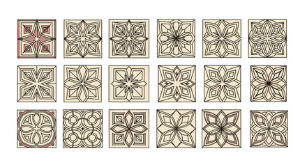 Collection of square tiles with intricate geometric floral and mandala patterns for architectural or decorative floor and wall design.