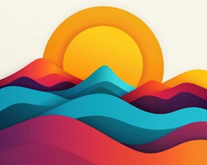 Abstract vectorstyle sunset over geometric mountain landscape, bold and colorful