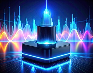 Futuristic digital data center with illuminated cylinder and dynamic waveform graphs