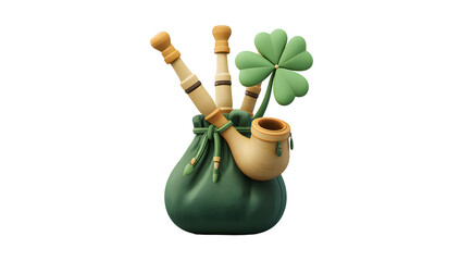 Irish bagpipes and a four leaf clover in a rustic green bag