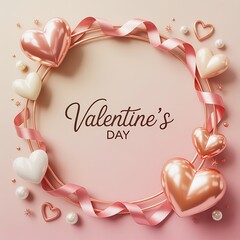 Elegant Valentine's Day Circle Frame: Metallic rose gold and ivory hearts with swirling ribbon or February 14th.