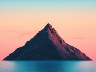 Isolated rocky island mountain at sea under brilliant dusk sky, mysterious and serene