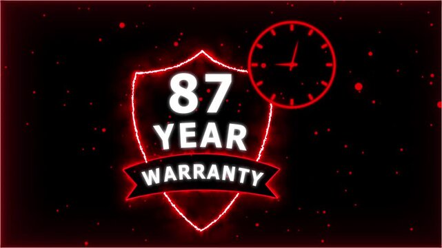 Neon Glowing Shield Badge with 87 Year Warranty Text and Clock Animation on black Futuristic Background.