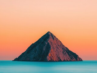 Isolated rocky island mountain at sea under brilliant dusk sky, mysterious and serene