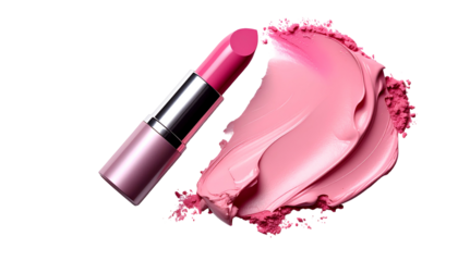 A bright pink lipstick beside a smear of matching color makeup on a black background