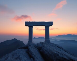 Ancient temple ruins atop mountains at sunset, mystical and cultural storytelling scene