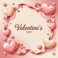 Valentine's Day Message Card: Elegant frame of pink and ivory 3D hearts, pearls, and ribbons for February 14th.