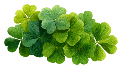A vibrant cluster of four leaf clovers against a dark background