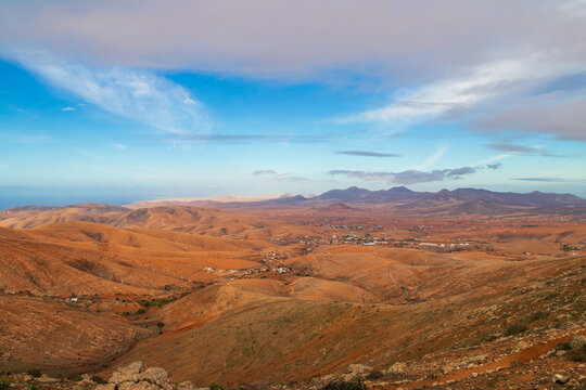 Beautiful view of the rugged landscape of Betancuria valley, El Cotillo area, and northern part of Fuerteventura from Mirador de Guise y Ayose viewpoint on Fuerteventura, Canary islands, Spain