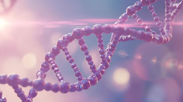 A rotating purple deoxyribonucleic acid strand with bright bokeh background element for genetic science