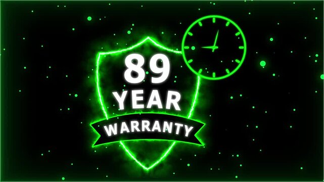 Neon Glowing Shield Badge with 89 Year Warranty Text and Clock Animation on black Futuristic Background.