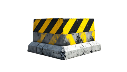 Concrete barrier with black and yellow diagonal stripes, weathered appearance, isolated on black