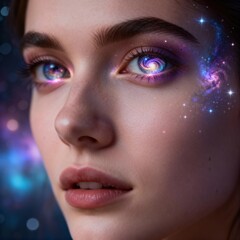 Woman with Galaxy in Eyes Representing Vision, Curiosity and Infinite Imagination