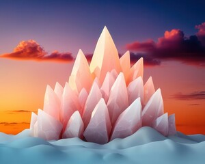 Fantasy mountain range with unusual crystal formations glowing under a surreal sunset sky