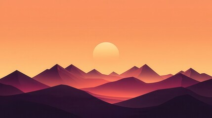 Minimalist orange and pink sky over silhouette of distant sharp mountain ridges