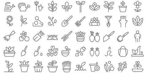 Garden tools and plants icons set isolated on transparent background