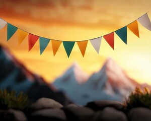 Himalayaninspired peaks at golden hour with prayer flags fluttering and glowing light