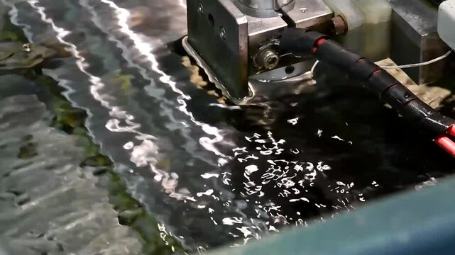Milling of metal in water. Electroerosion machine, erosion, metal stitching using an electric charge. The electric sewing machine creates iron parts. 